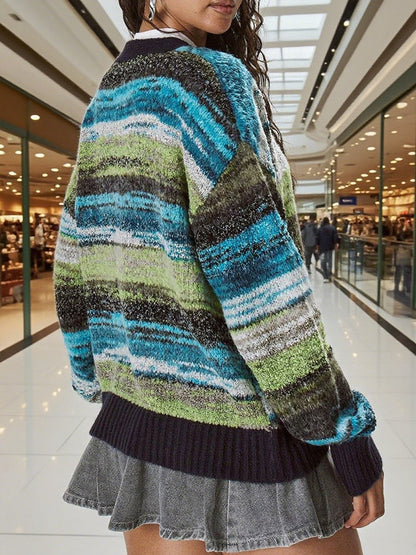 Color-Block Striped V-Neck Retro Knit Sweater