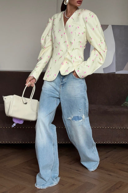 V-neck Floral Loose Chic Blazer Coat