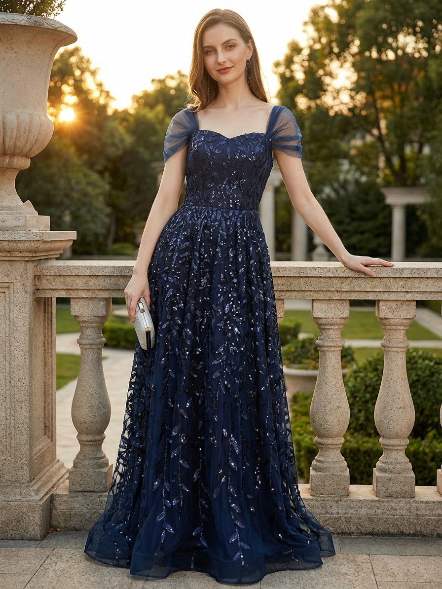 Deep Blue Sequin Maxi Prom Dress with Sweetheart Neckline and Off-shoulder For Summer 2026
