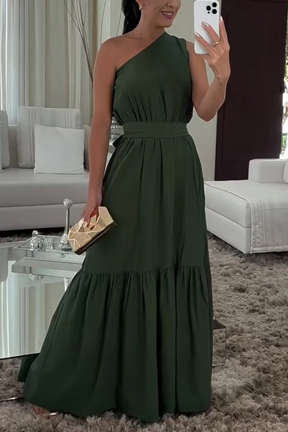 Solid Color One Shoulder Waist Tie Maxi Dress