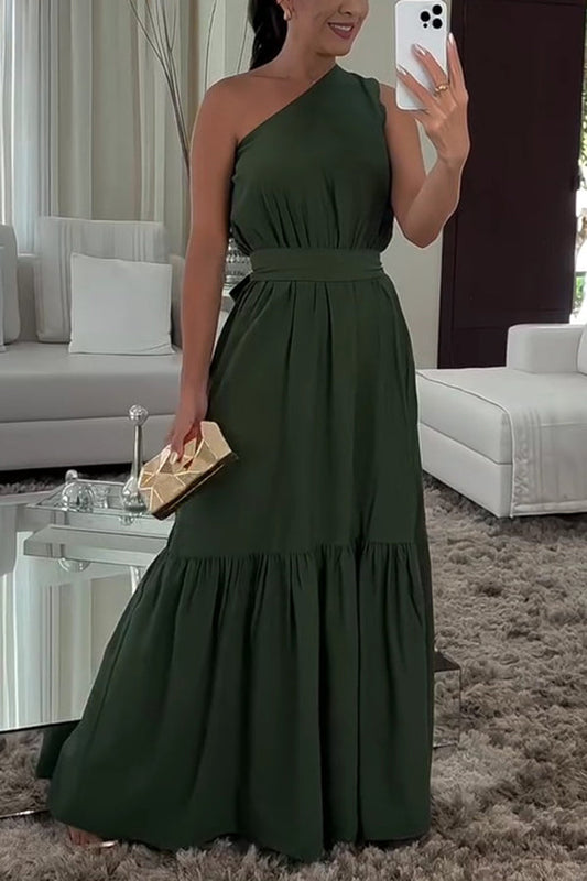 Solid Color One Shoulder Waist Tie Maxi Dress