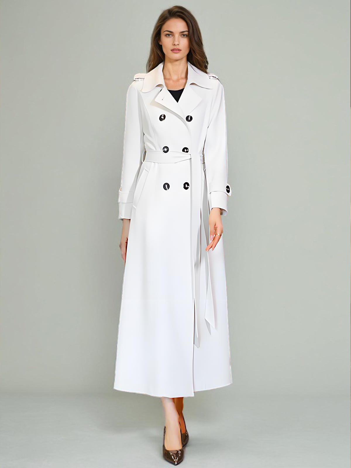 Trench Coat For Woman Quality Sash Turndown Collar Long Sleeves Full Length Coat
