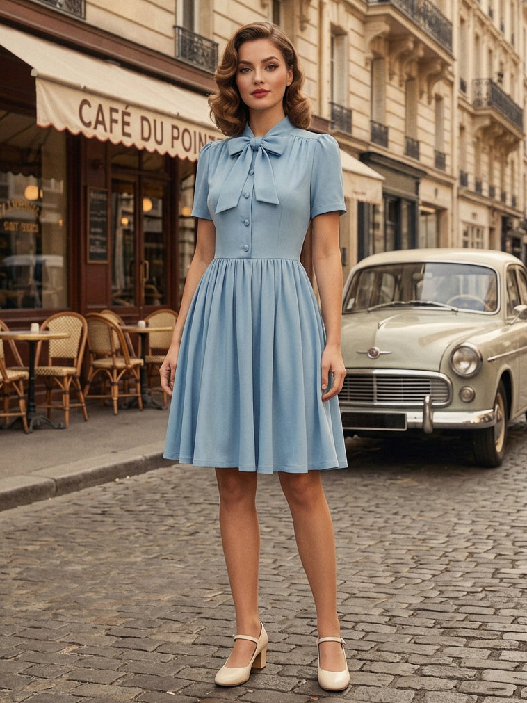 Vintage 1950s Midi Swing Tea Dress for Women - Bow Neck Short Sleeve Fit and Flare Rockabilly Gown - Garden Party 2026