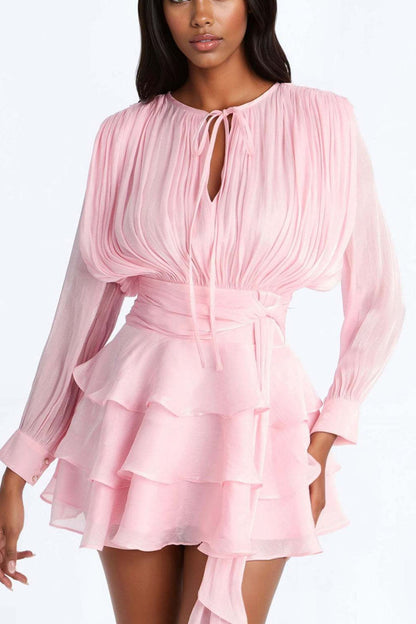 Keyhole Tie Neck Long Sleeve Button Cuff Ruched Waist Tiered Ruffle Satin Mini Dress