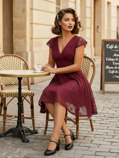 Vintage 1950s Midi Lace Dress for Women - V Neck Cap Sleeve A-line Cocktail Prom Gown - Wedding Guest Wear 2026