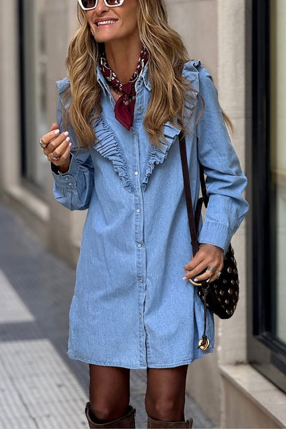 Spectacular Tencel Denim Dress with Front Ruffle in V-Neck