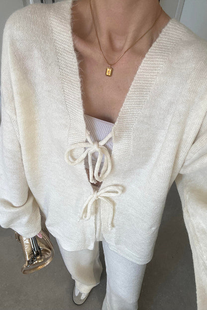 Solid Color V-neck Tie Long-sleeved Loose Knit Cardigan and Elastic Waist Casual Straight Leg Pants Set