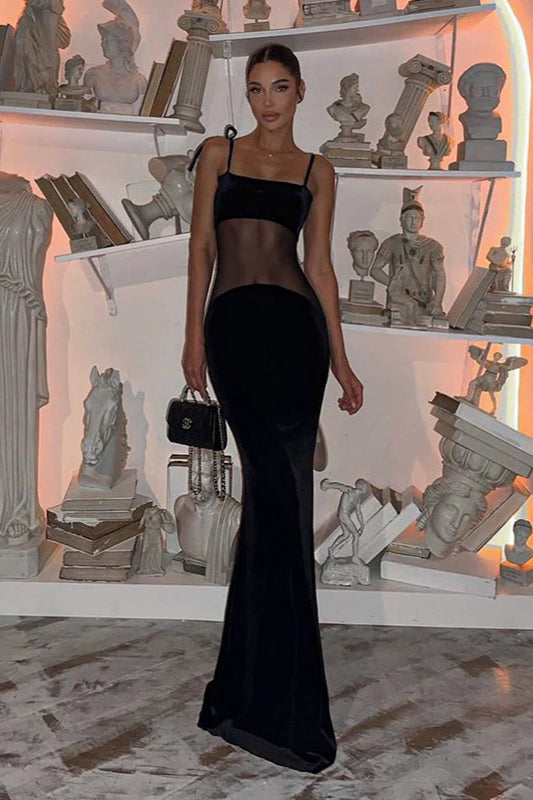 Sexy V-neck Sheer Mesh Cami Bodycon Maxi Dress