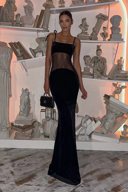 Sexy V-neck Sheer Mesh Cami Bodycon Maxi Dress