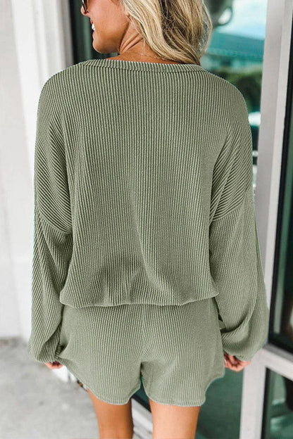 Corded V Neck Slouchy Top & Pocketed Shorts Set