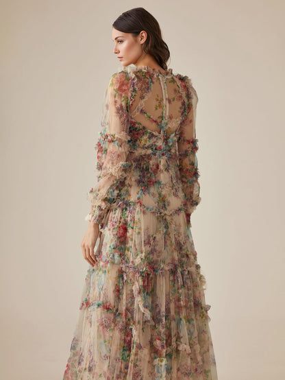 Party Dress Ruffles Layered Illusion Sleeves Elegant Folklore Long Dress