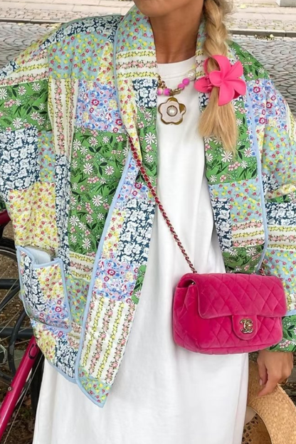 Printed Quilted Short Contrast Color Cotton Coat