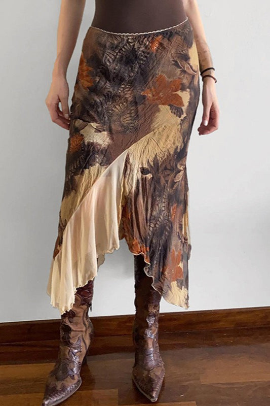 Color-Blocked Floral Print Bodycon Midi Skirt