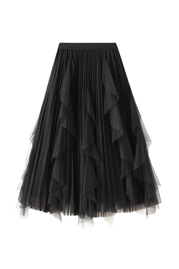 High-waisted ruffled patchwork mesh skirt