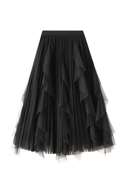 High-waisted ruffled patchwork mesh skirt