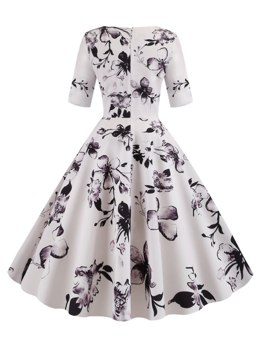 Vintage Glamour Dress Black 1950s Style Floral Print Layered Half Sleeves Sweetheart Neck Medium Rockabilly Dress