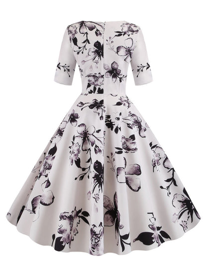 Vintage Glamour Dress Black 1950s Style Floral Print Layered Half Sleeves Sweetheart Neck Medium Rockabilly Dress