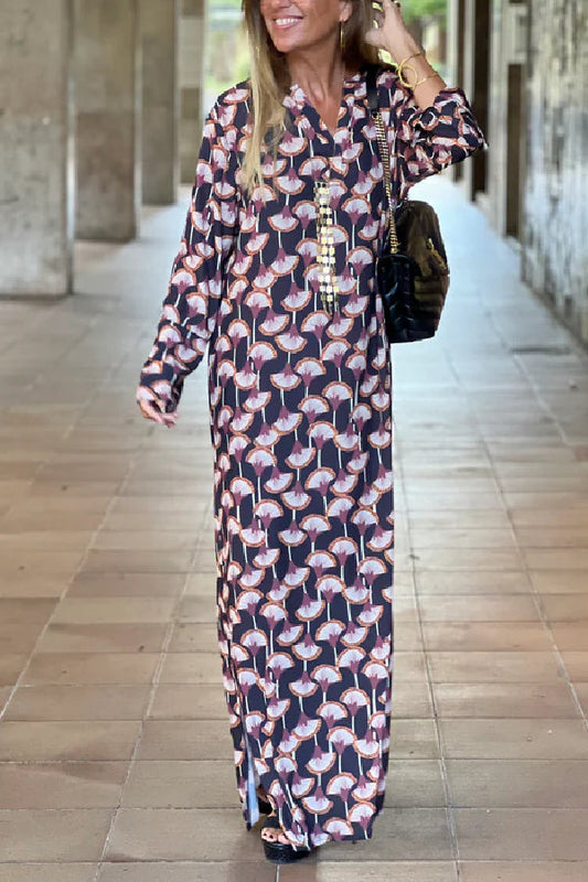 Women's Fashion Printed V Neck Long Sleeve Maxi Dress