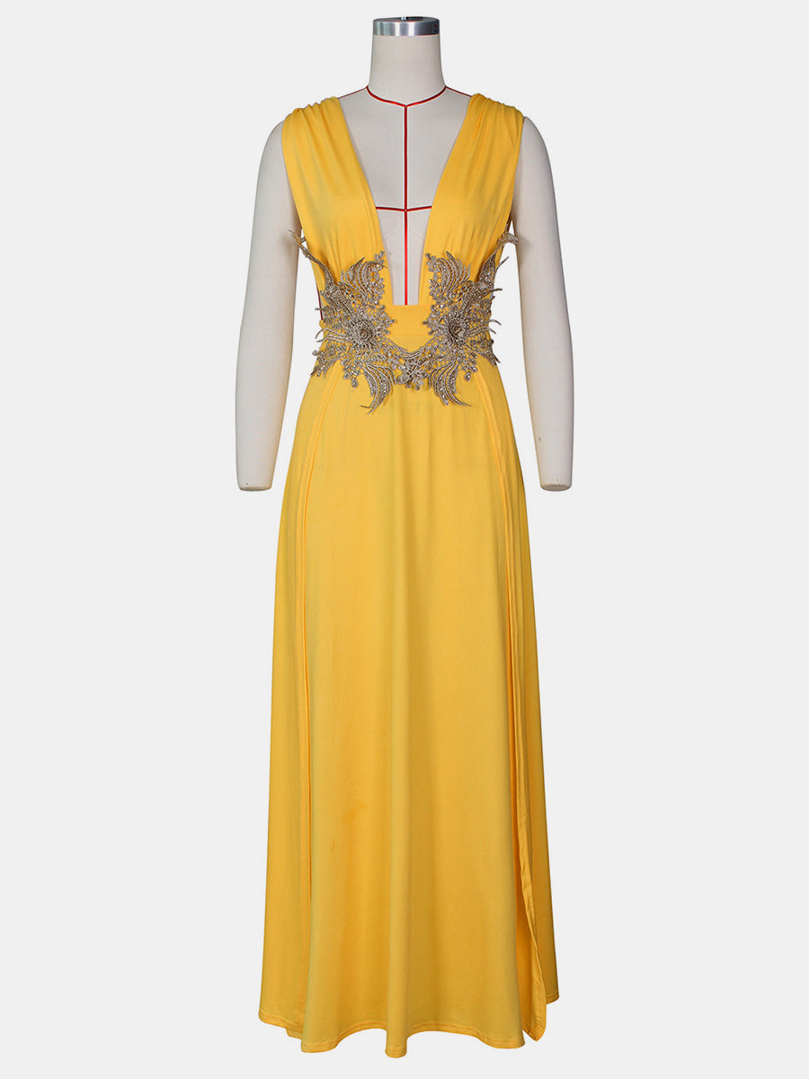 Prom Dresses V-Neck Embroidered High-slit Semi Formal Long Dress