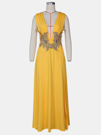 Prom Dresses V-Neck Embroidered High-slit Semi Formal Long Dress