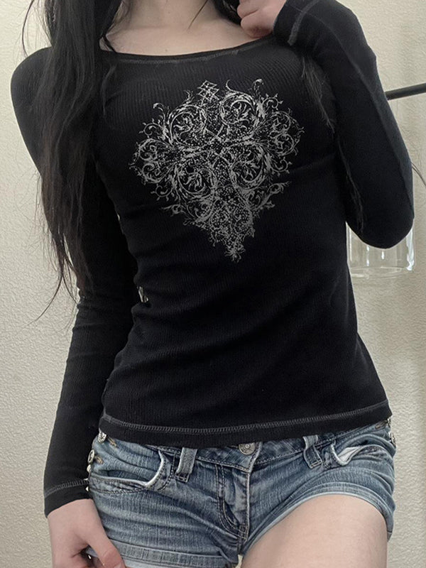 Black Vintage Print Long Sleeves Tee