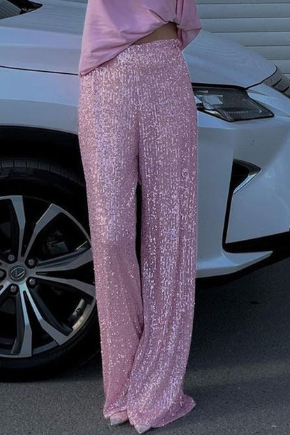 Solid color sequined fashionable casual straight pants