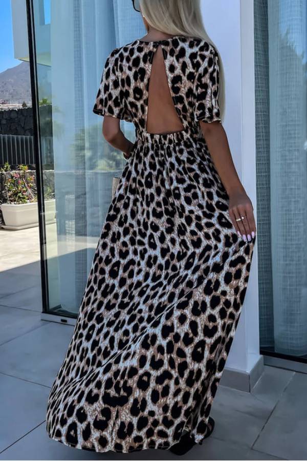 Khaki Leopard V Neck Cinched High Waist Open Back Maxi Dress
