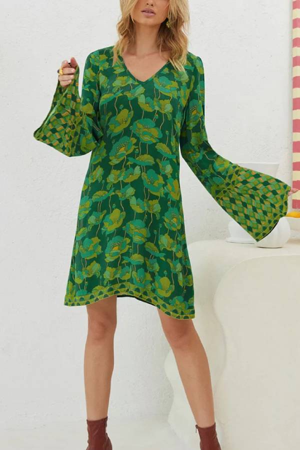 V-neck Bell Sleeve Green Floral Print Dress