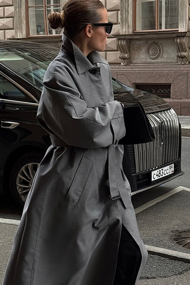Lazy-Chic European Solid Color Stand Collar Belted Long Overcoat