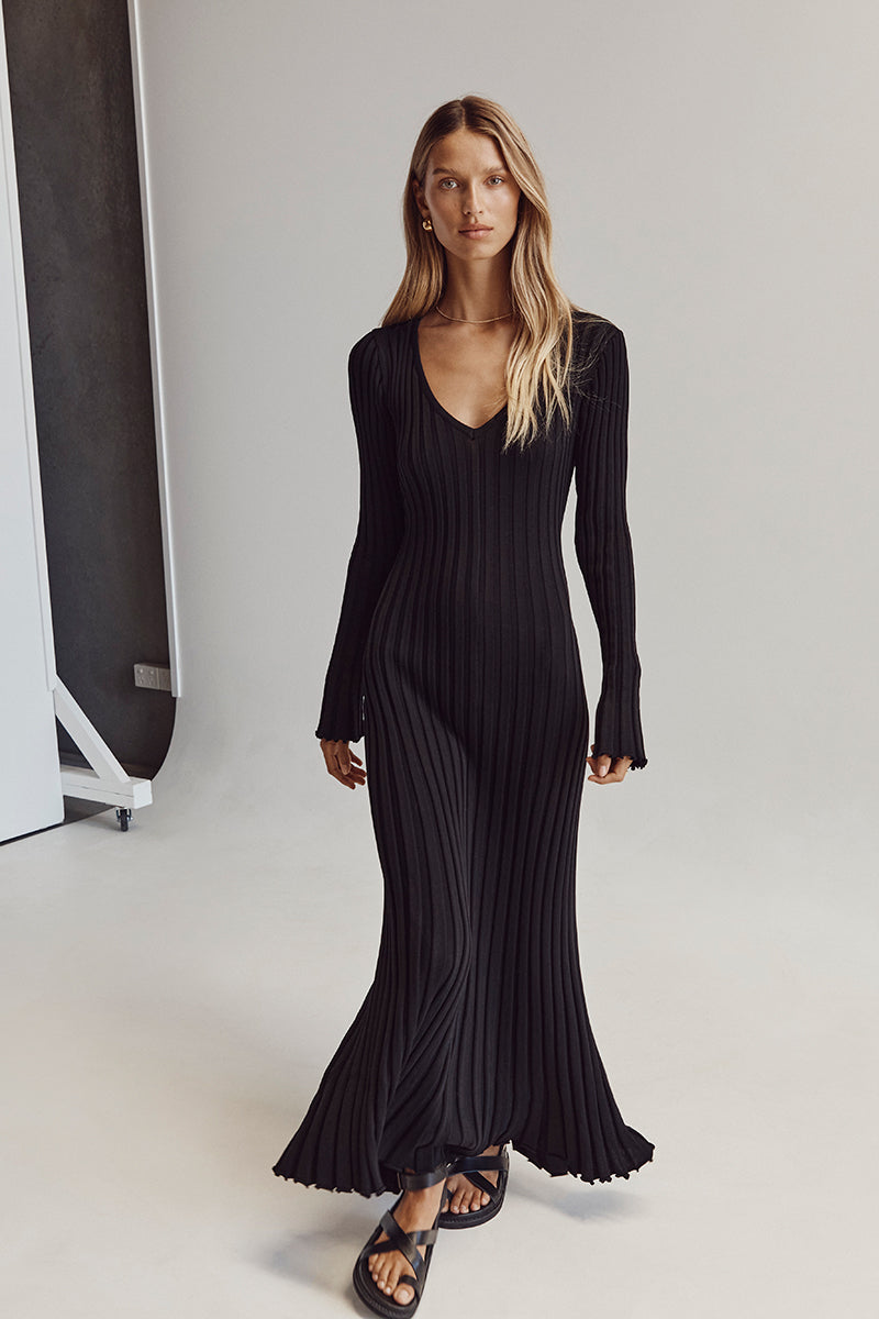 Rib Knit V-Neck Lettuce Edge Cuff Bodycon Maxi Dress