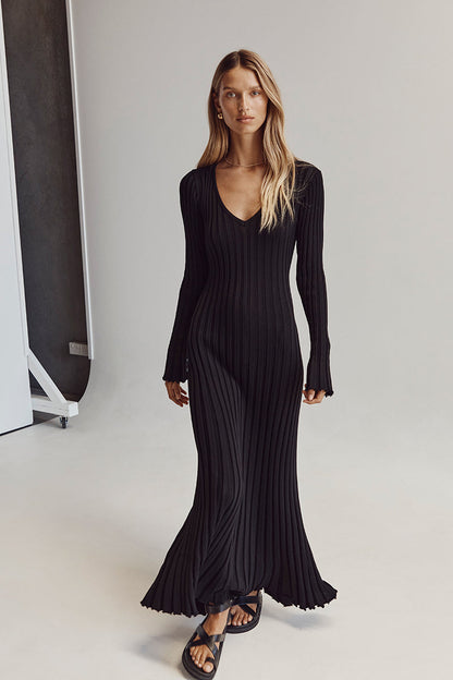 Rib Knit V-Neck Lettuce Edge Cuff Bodycon Maxi Dress