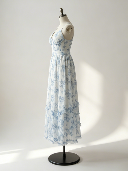 Floral Layered Ruffles Maxi Party Dress High Slit Strap Dress 2026