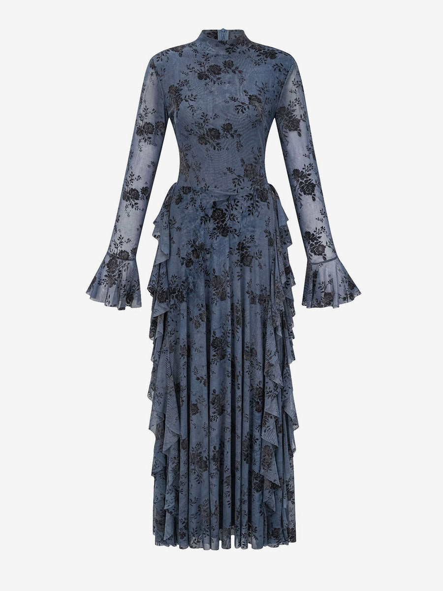 Party Dress Maxi Stand Collar Long Sleeves Floral Print Long Flared Sleeves Deep Brown Gown