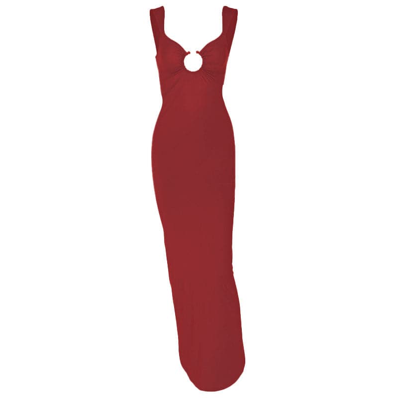 O ring ruched hollow out high slit cami cut out maxi dress