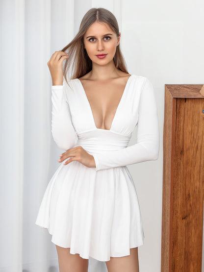 Fit And Flare Dress Plunge Long Sleeves Short Swing Dresses In Solid Color