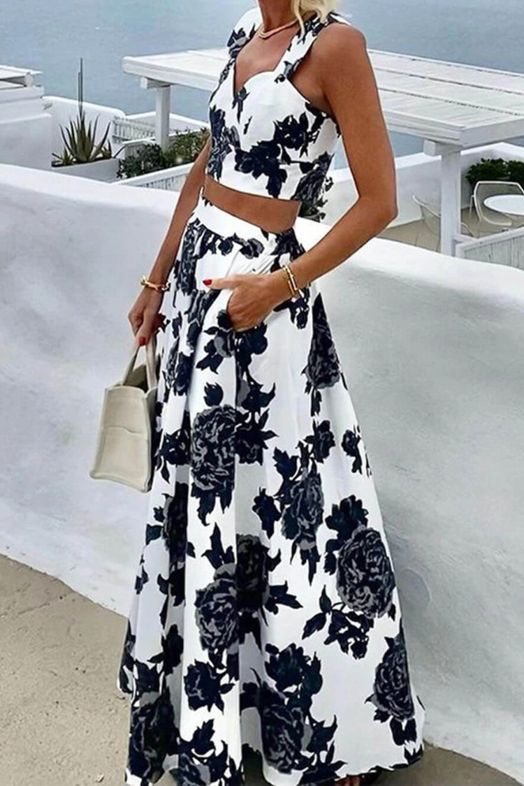 Fashion Printed Suspender Top And Skirt Two-Piece Set