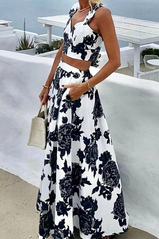 Fashion Printed Suspender Top And Skirt Two-Piece Set