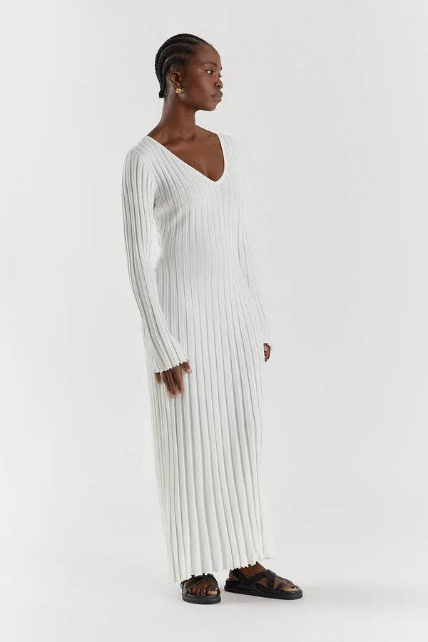 Rib Knit V-Neck Lettuce Edge Cuff Bodycon Maxi Dress