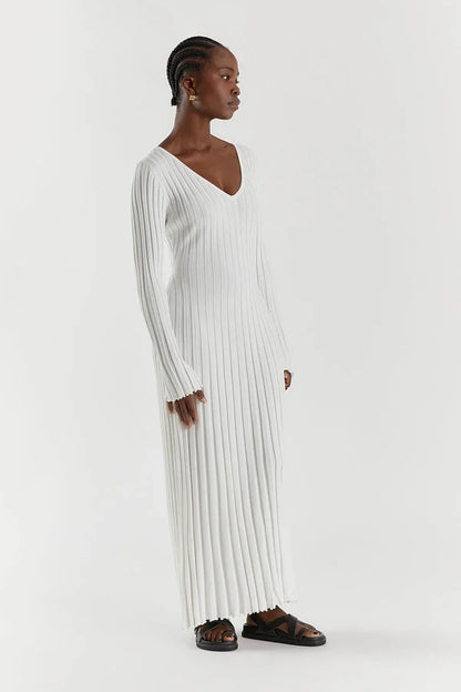 Rib Knit V-Neck Lettuce Edge Cuff Bodycon Maxi Dress