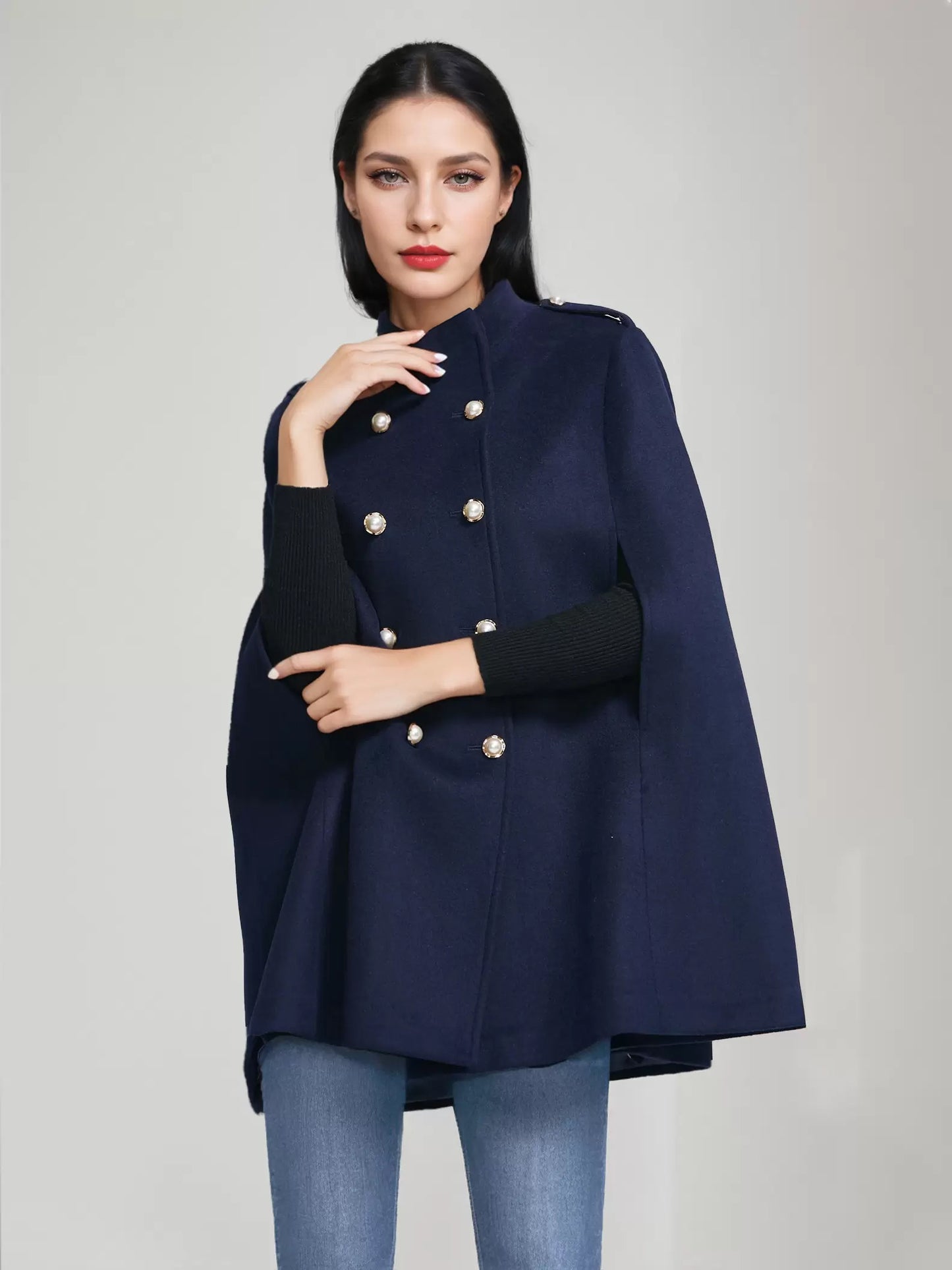 Woolen Cape Coat For Women Stand Collar Dark Navy Double-breasted Winter Poncho Outerwear 2026