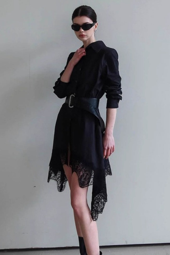 Point Collar Button Front Long Sleeve Lace Trim Handkerchief Hem Mini Shirt Dress