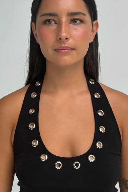 Metal Ring Cut Out Halter Sexy Fitted Tank Top