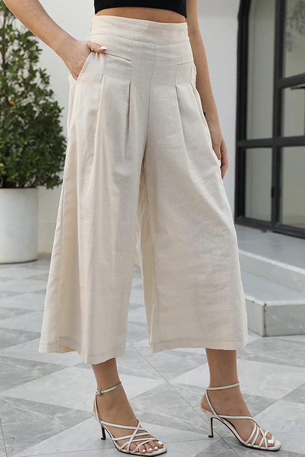 Elastic Waist Wide Leg Cropped Pants Pocket Cargo Casual Pants