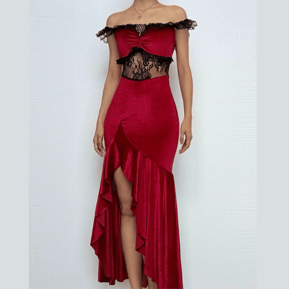 Off shoulder lace hem slit velvet metal applique ruched maxi dress