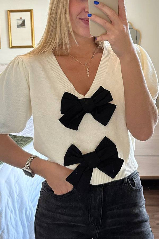 V-Neck Short-Sleeved Double Bow Solid Color Sweater