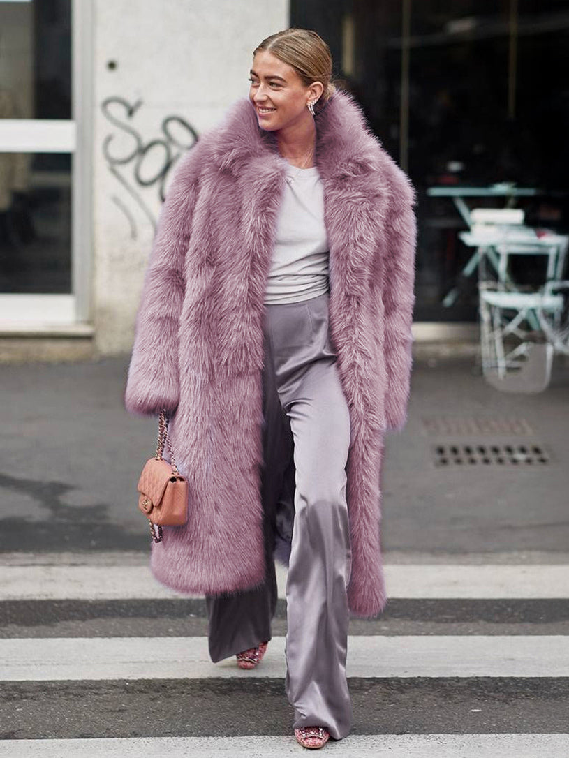 Faux Fur Coat With Notched Lapel Solid Color Eco-friendly Winter Long Jacket For Women 2026