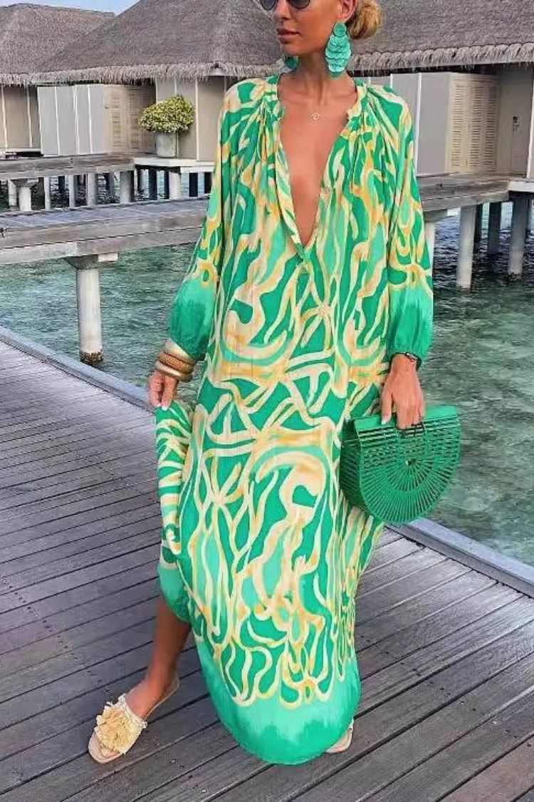 Printed V-neck Long-sleeved Loose Dress