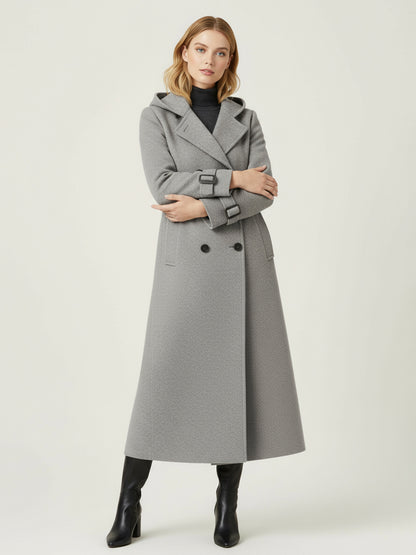 Hooded Double-Breasted Long Woolen Coat With Cuff Tabs For Women 2026