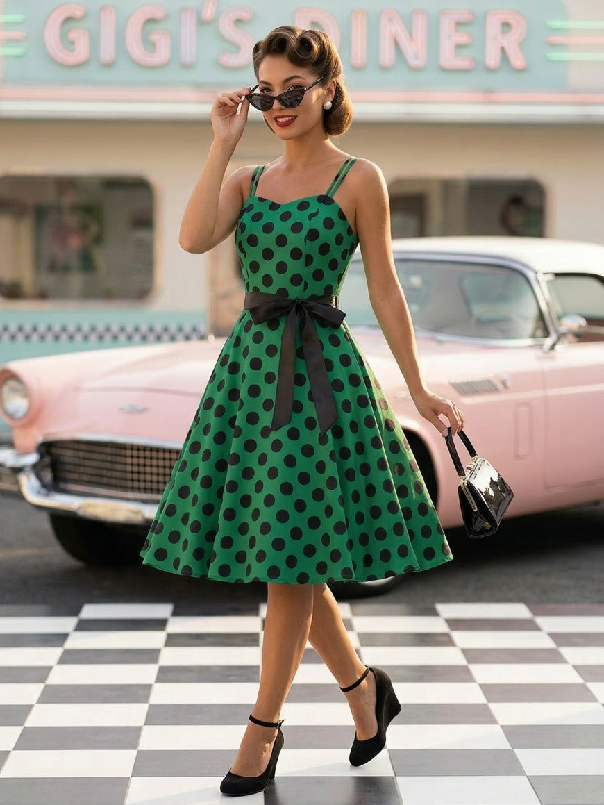 Polka Dot Vintage Midi Swing Dress for Women - 1950s A-Line Belted Rockabilly Slip Sun Dress - Summer Holiday Party 2026