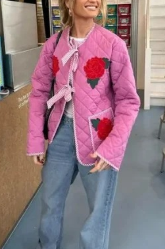 Rose Print Bow Quilted Jacket